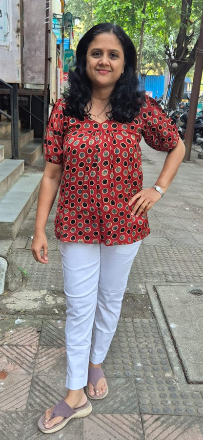 Maroon  Handblock Modal Silk Short Top