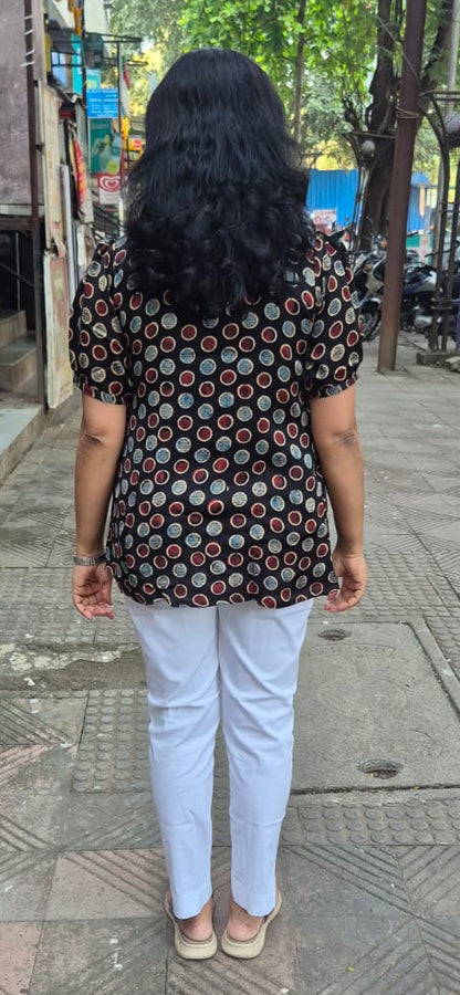 Black Handblock Modal Silk Short Top