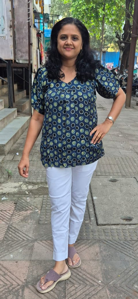 Indigo Handblock Modal Silk Short Top