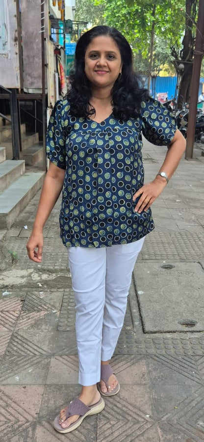 Indigo Handblock Modal Silk Short Top