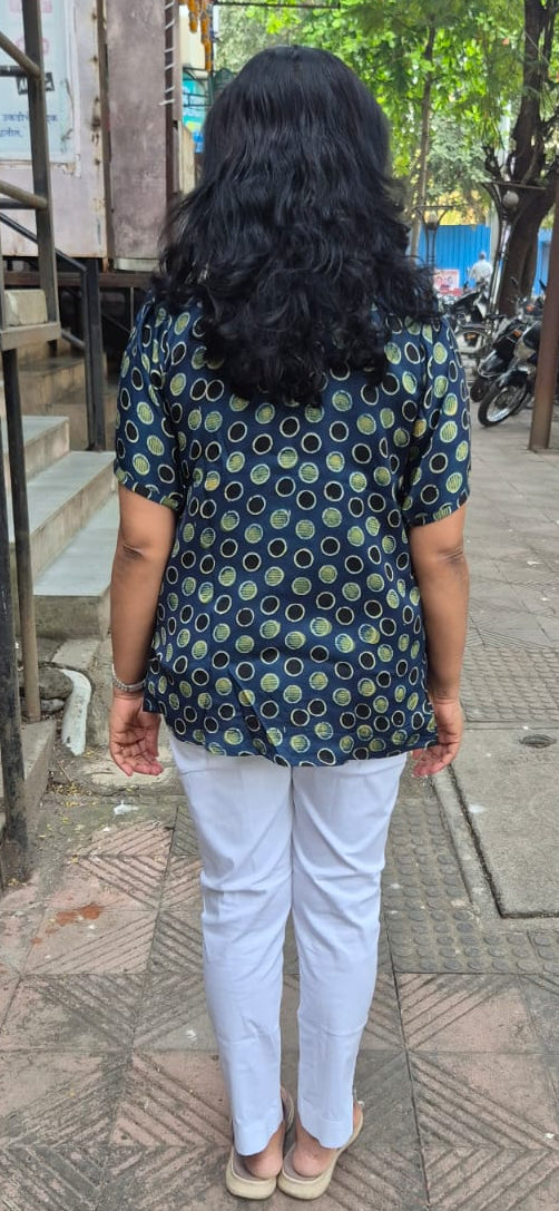 Indigo Handblock Modal Silk Short Top