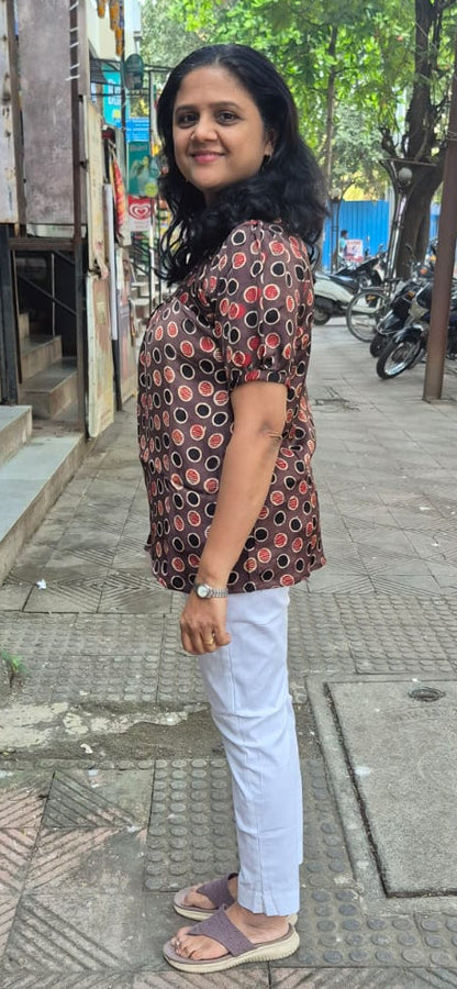 Light Brown Handblock Modal Silk Short Top