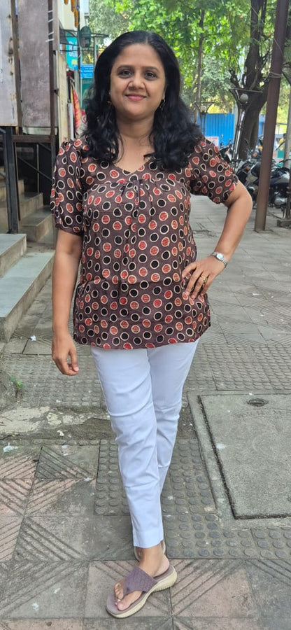 Light Brown Handblock Modal Silk Short Top