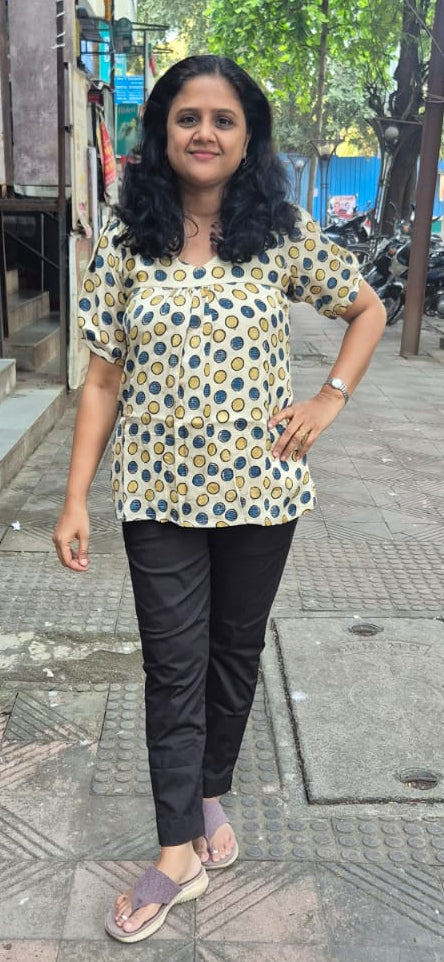 Off White Handblock Modal Silk Short Top