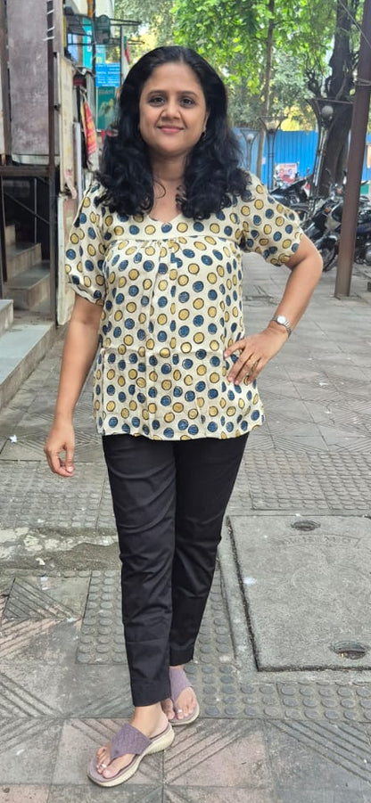 Off White Handblock Modal Silk Short Top