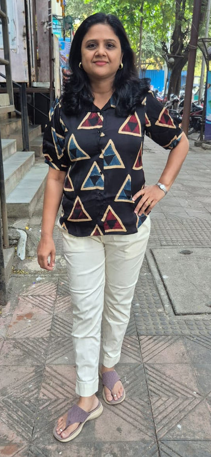 Black Hand Block Modal Silk Shirt