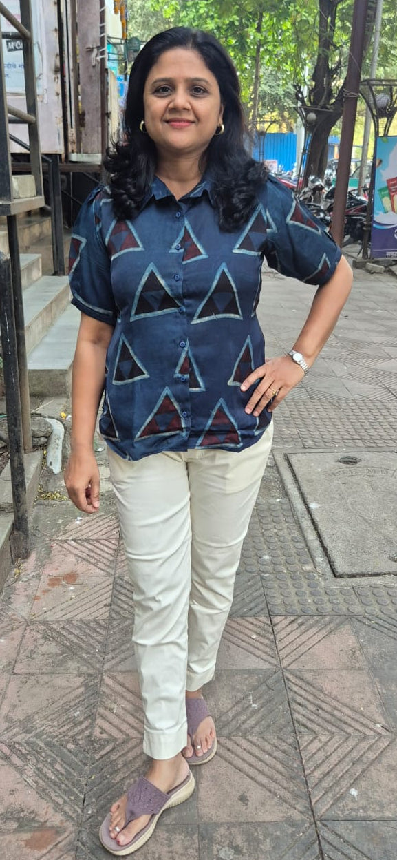Blue Hand Block Modal Silk Shirt