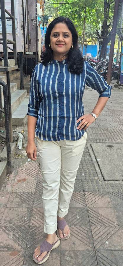 Blue Hand Block Modal Silk Shirt