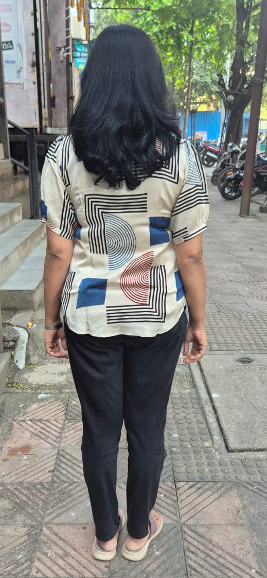 Off White Hand Block Modal Silk Shirt