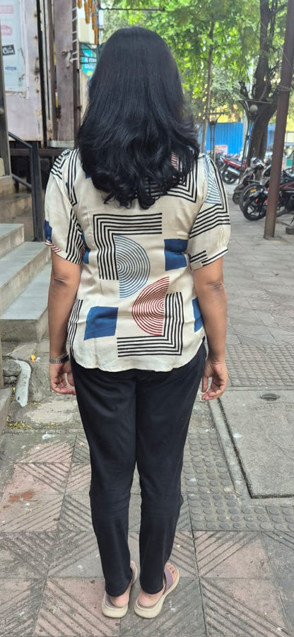 Off White Hand Block Modal Silk Shirt