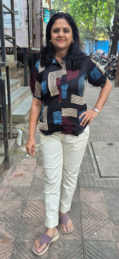 Black Hand Block Modal Silk Shirt