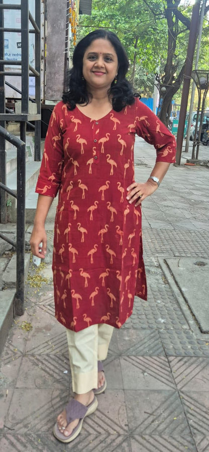 Maroon Slub Cotton Hand Block Printed Kurta