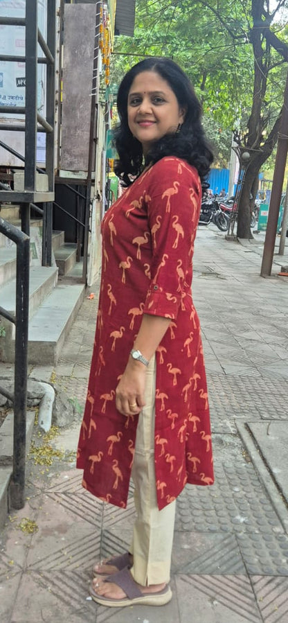 Maroon Slub Cotton Hand Block Printed Kurta