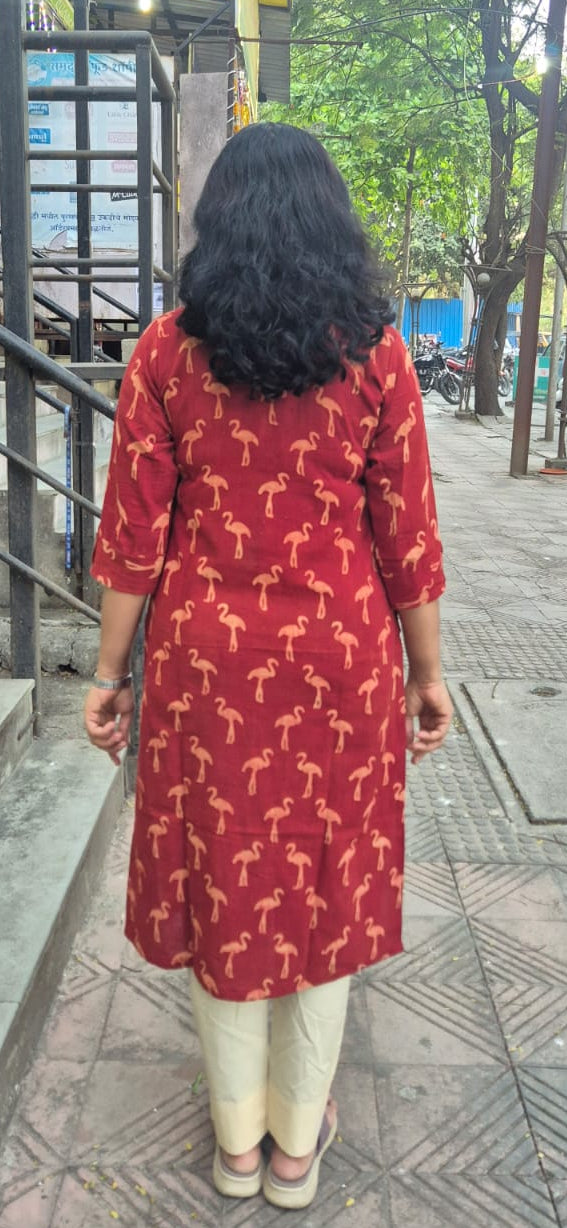 Maroon Slub Cotton Hand Block Printed Kurta