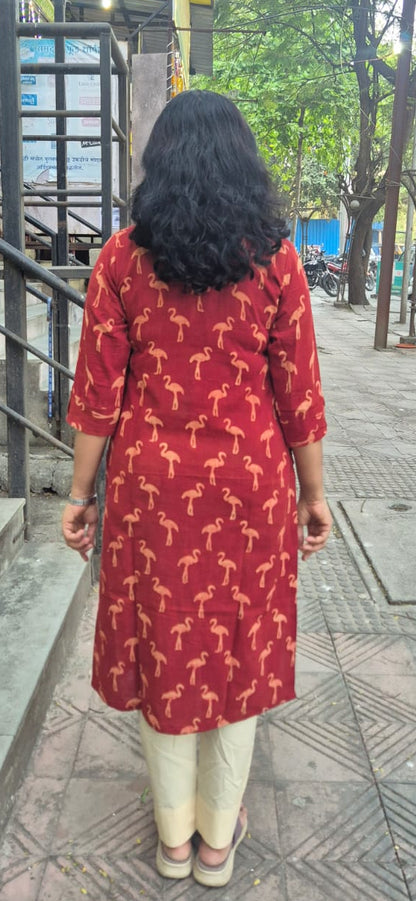 Maroon Slub Cotton Hand Block Printed Kurta