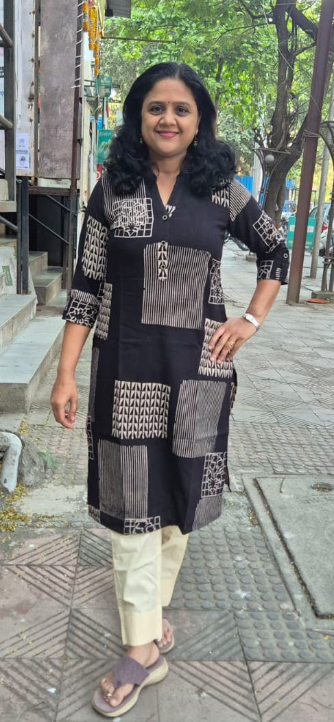 Black Slub Cotton Hand Block Printed Kurta