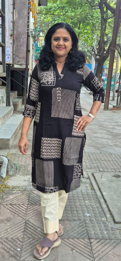 Black Slub Cotton Hand Block Printed Kurta