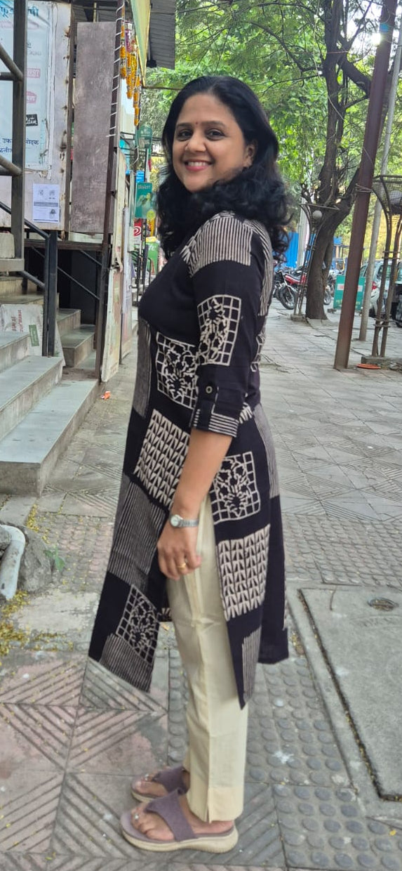 Black Slub Cotton Hand Block Printed Kurta