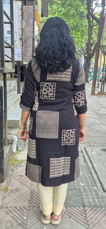 Black Slub Cotton Hand Block Printed Kurta