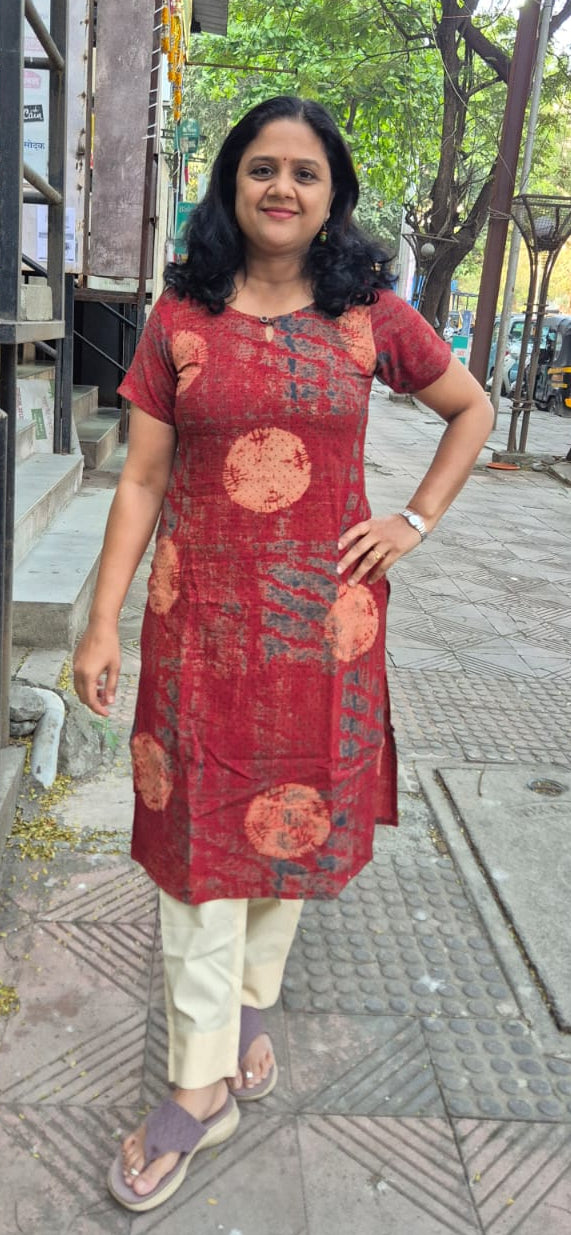 Maroon Slub Cotton Hand Block Printed Kurta