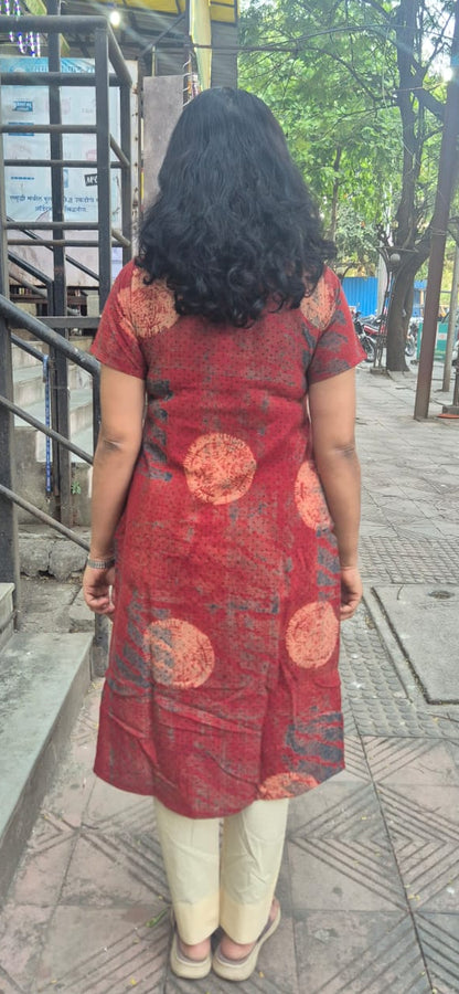 Maroon Slub Cotton Hand Block Printed Kurta