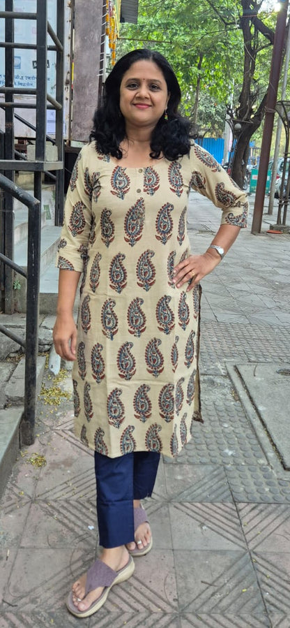 Off White Slub Cotton Hand Block Printed Kurta