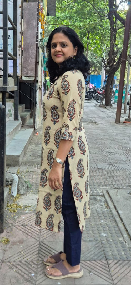 Off White Slub Cotton Hand Block Printed Kurta
