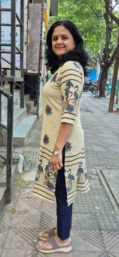 Off White Slub Cotton Hand Block Printed Kurta