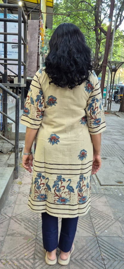 Off White Slub Cotton Hand Block Printed Kurta