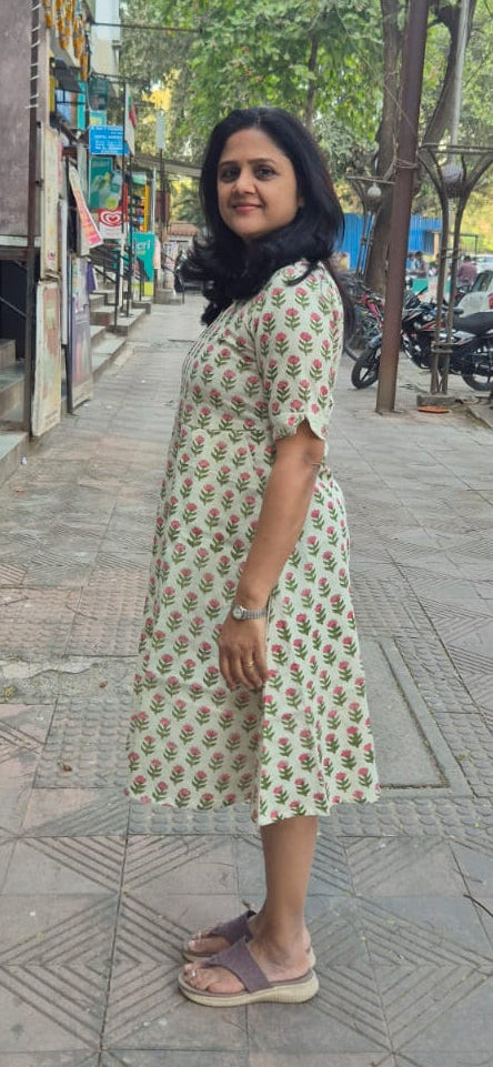Off White Slub Cotton Hand Block Printed One Piece