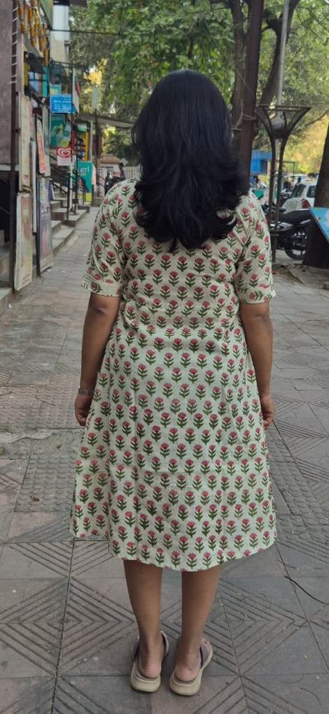Off White Slub Cotton Hand Block Printed One Piece
