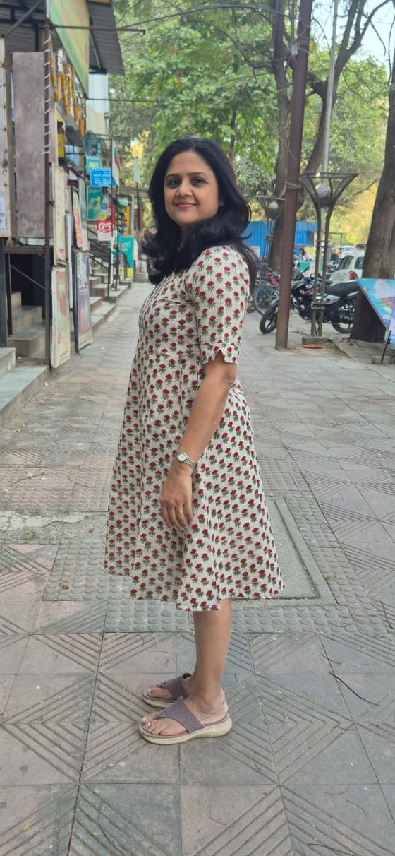 Off White Slub Cotton Hand Block Printed One Piece