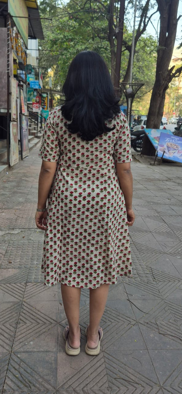 Off White Slub Cotton Hand Block Printed One Piece