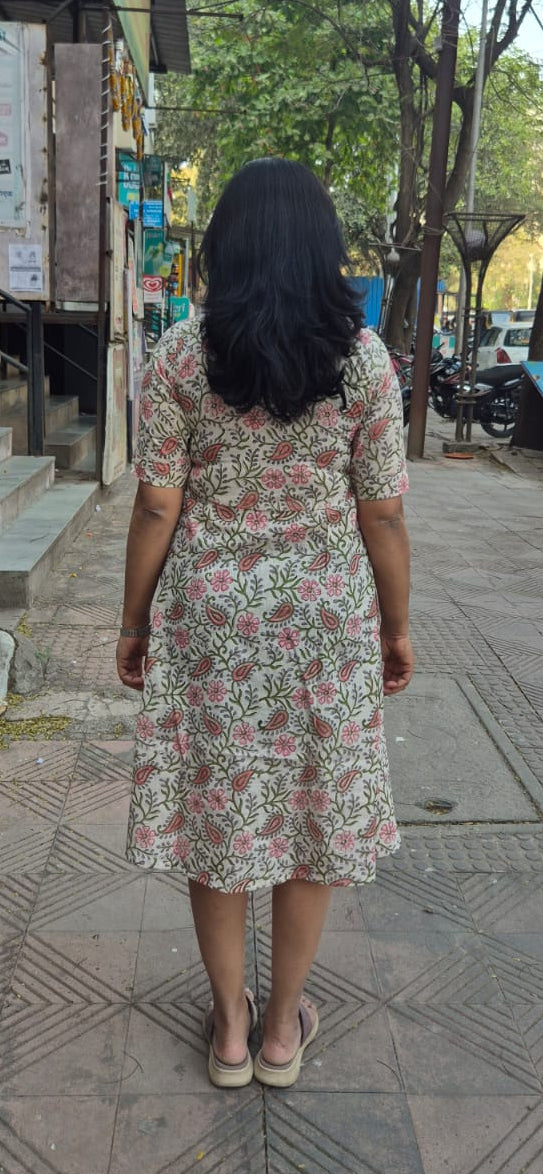 Off White Slub Cotton Hand Block Printed One Piece