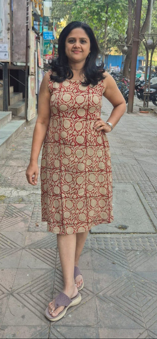 Maroon Slub Cotton Hand Block Printed One Piece