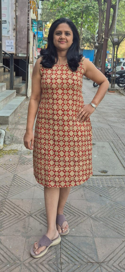 Maroon Slub Cotton Hand Block Printed One Piece