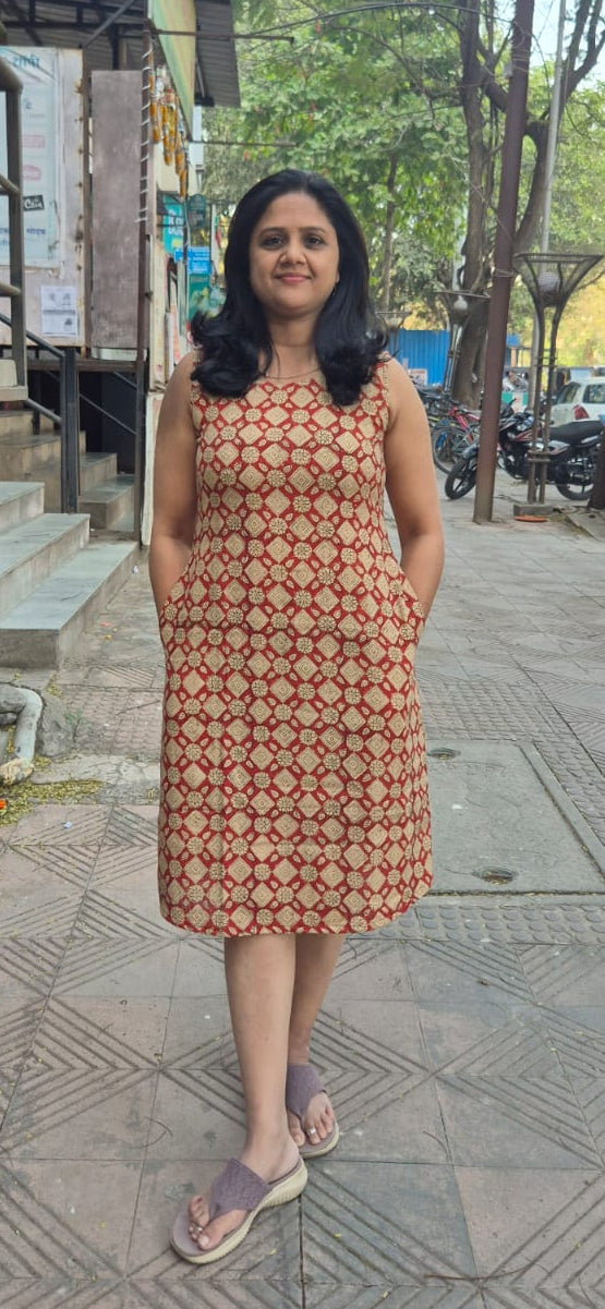 Maroon Slub Cotton Hand Block Printed One Piece