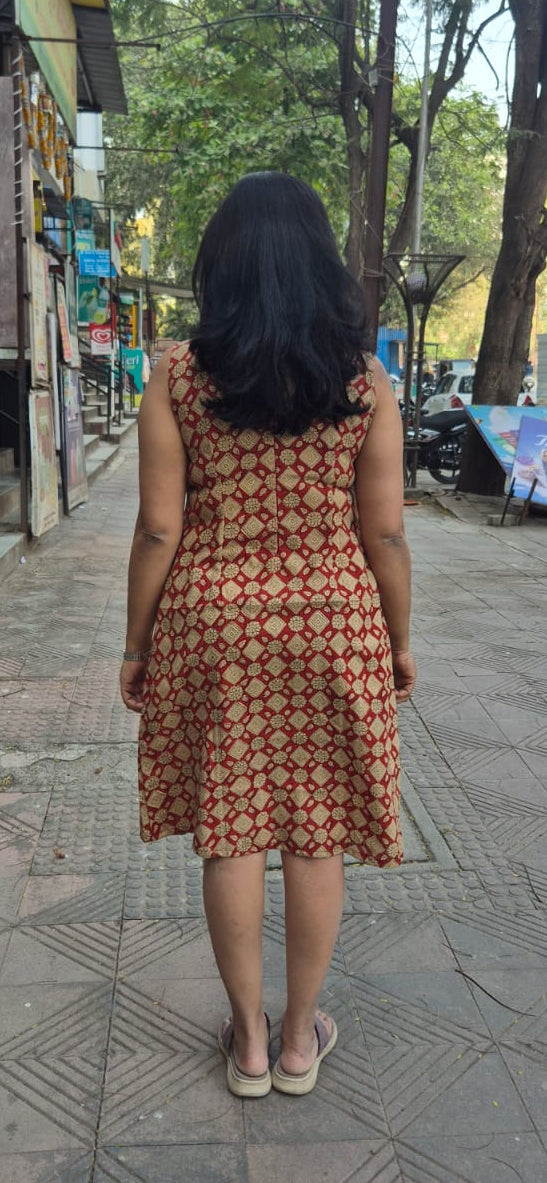 Maroon Slub Cotton Hand Block Printed One Piece