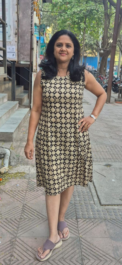 Black Slub Cotton Hand Block Printed One Piece