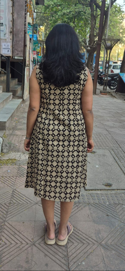 Black Slub Cotton Hand Block Printed One Piece