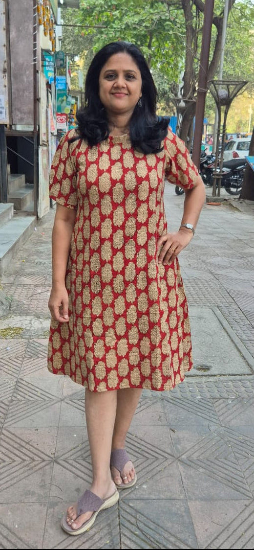 Maroon Slub Cotton Hand Block Printed One Piece