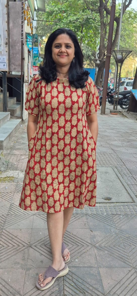 Maroon Slub Cotton Hand Block Printed One Piece