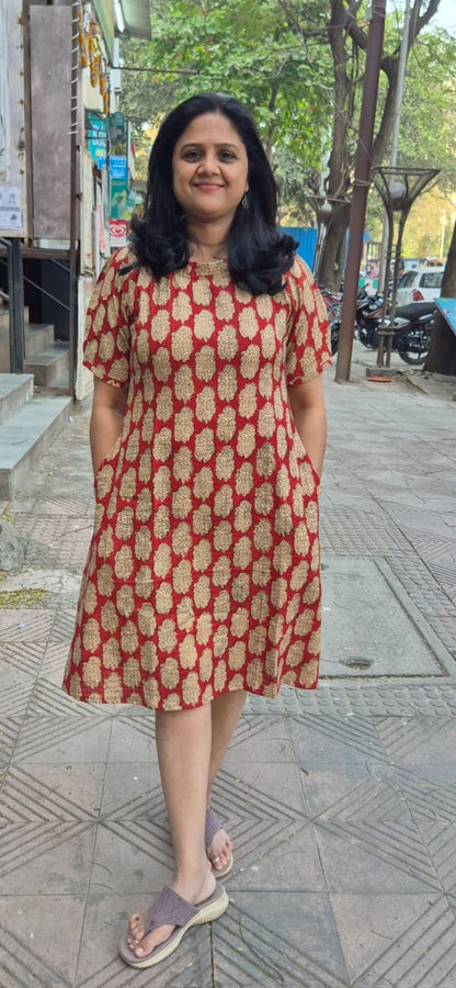 Maroon Slub Cotton Hand Block Printed One Piece