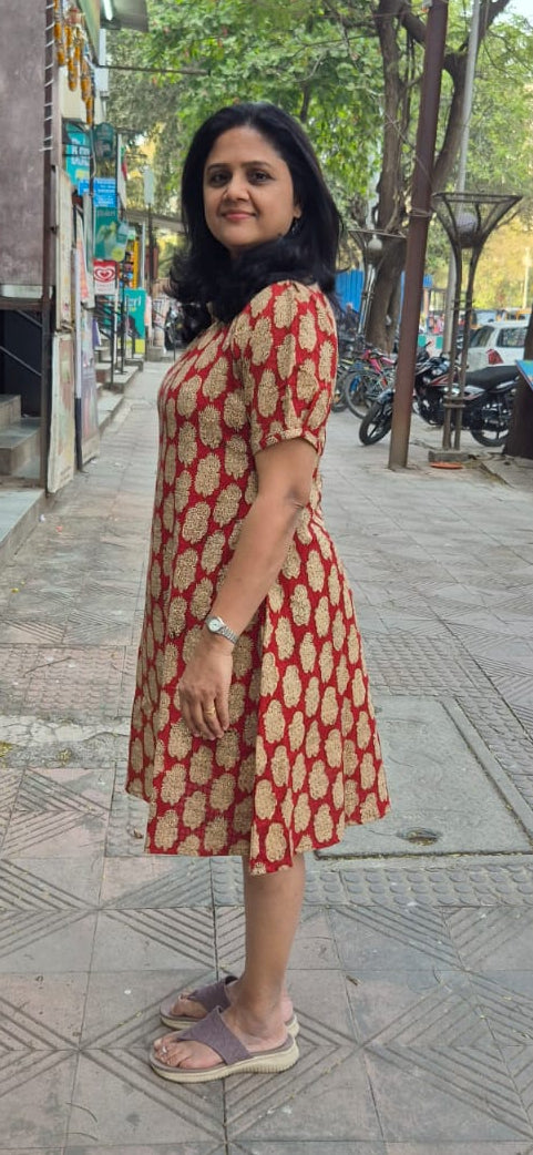 Maroon Slub Cotton Hand Block Printed One Piece