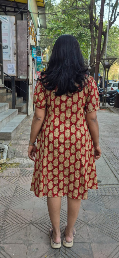 Maroon Slub Cotton Hand Block Printed One Piece