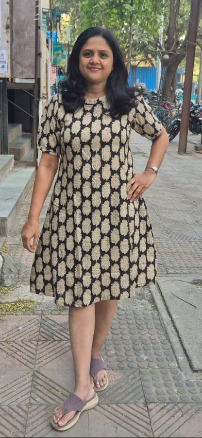 Black Slub Cotton Hand Block Printed One Piece