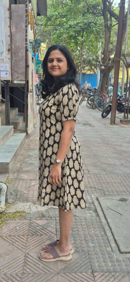 Black Slub Cotton Hand Block Printed One Piece