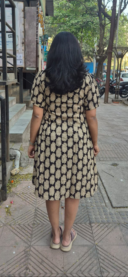 Black Slub Cotton Hand Block Printed One Piece