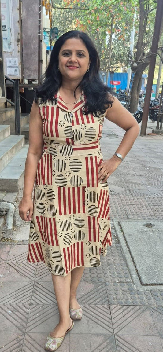 Off White Pure Cotton Hand Block Printed One Piece