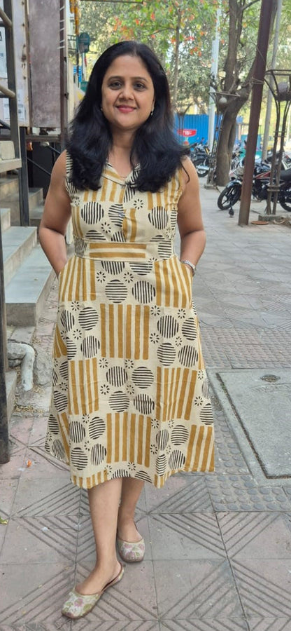 Off White Pure Cotton Hand Block Printed One Piece